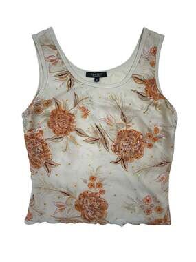 Karen Kane Lifestyle Vintage Floral Beaded Mesh Layer Tank Top Sleeveless Shirt